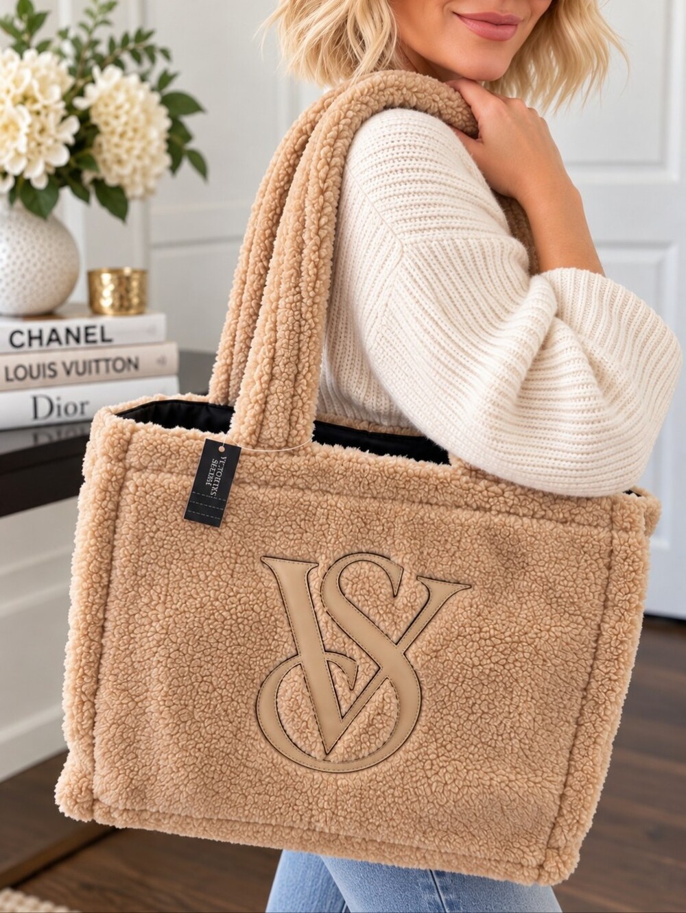 Victoria’s Secret Sherpa Teddy Tote Bag Beige Camel Tan NWT Oversized Logo